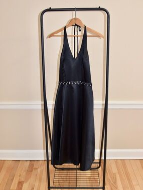 Y2K  Black Satin Halter Dress Size 9/10 1950s Style Full Skirt Polka Dot Belt